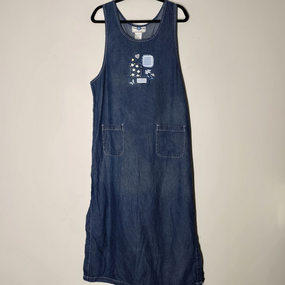 True Blue Denim Jumper Dress Womens L Floral Embroidered Pockets Casual Dress